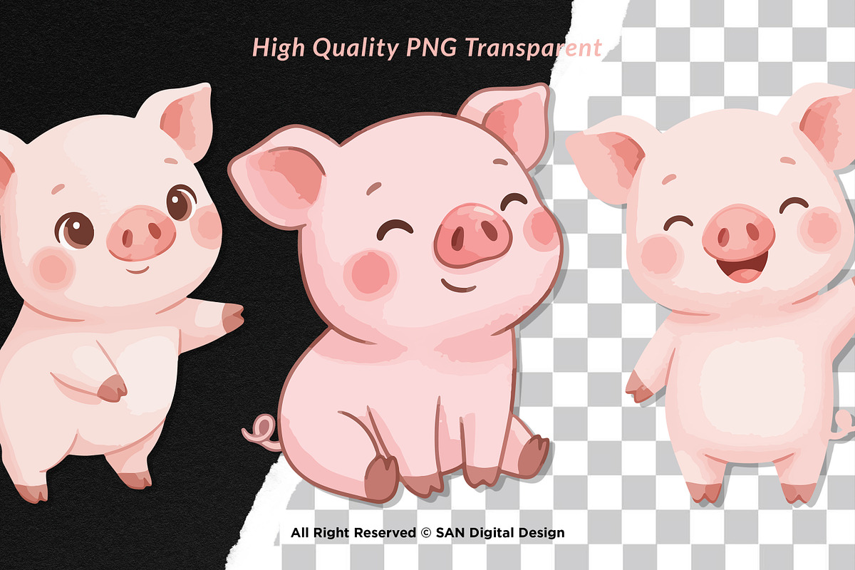 15 Bundle Watercolor Cute Pig Pink, an Animal Illustration by Morspective (Photo 2 of 8)