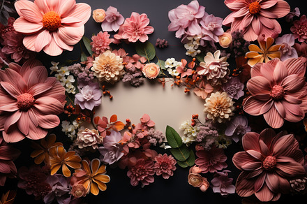 Beautiful flowers on black background, top view. Space for text, a Photo by AS photostudio