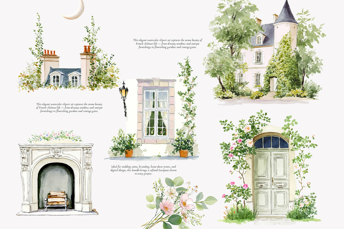 French Château watercolor clipart, a Decorative Illustration by Patishop Art (Photo 5 of 10)