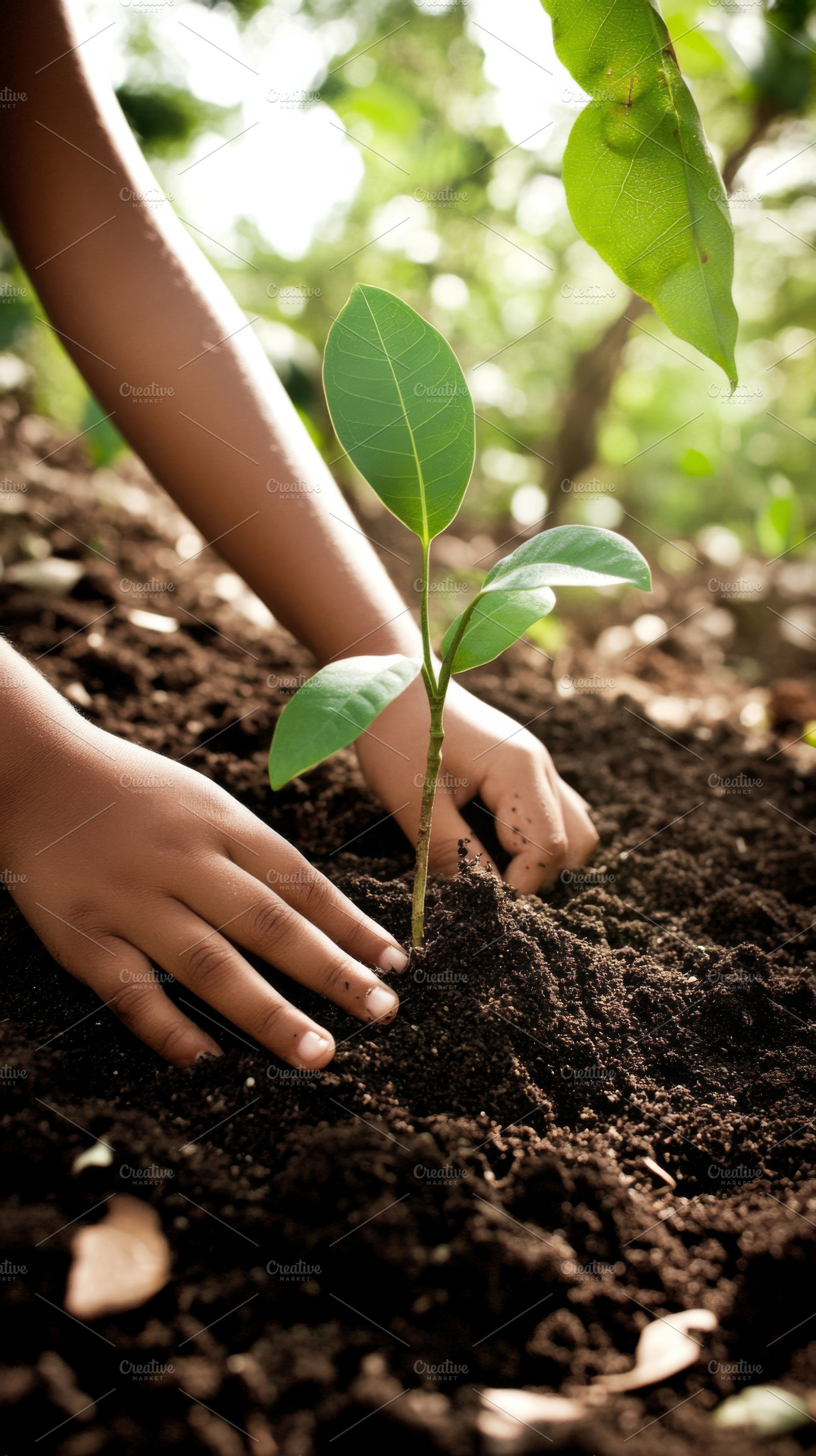Child planting young sapling in rich, a Photo by Dvoevnore photos