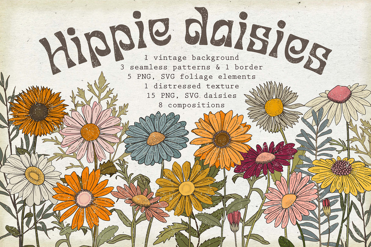 Set of SVG & PNG retro Daisies, a Decorative Illustration by marie dricot (Photo 1 of 10)