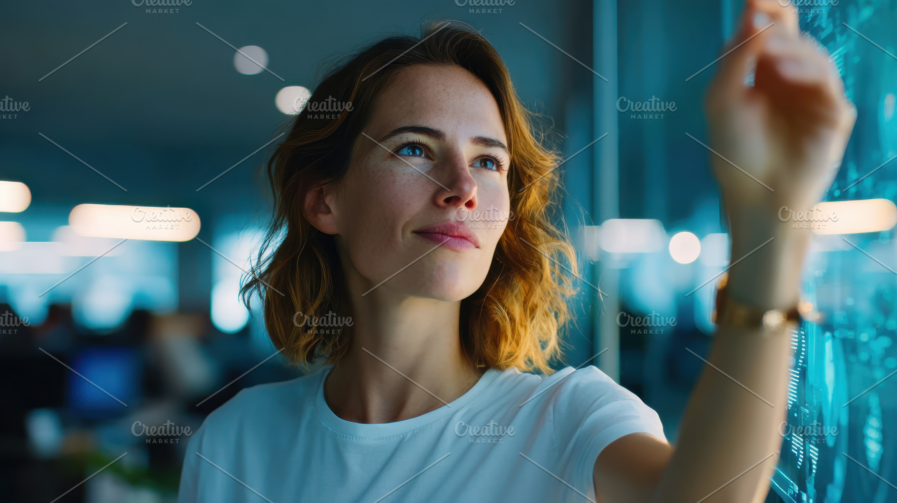 Woman interacting with digital interface in modern office, a Business Photo by AlyaAnd