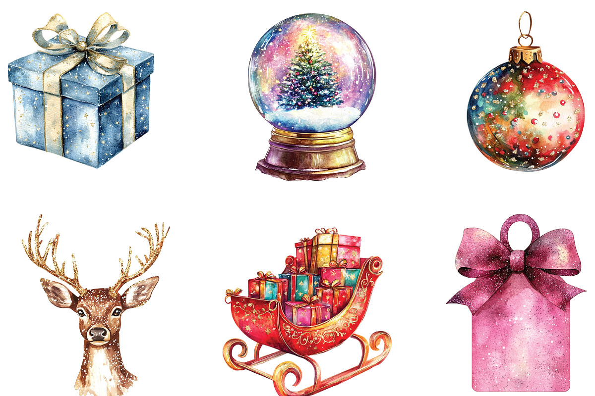 Watercolor Sparkle Christmas Clipart, an Illustration by CraftArtStudio (Photo 3 of 6)