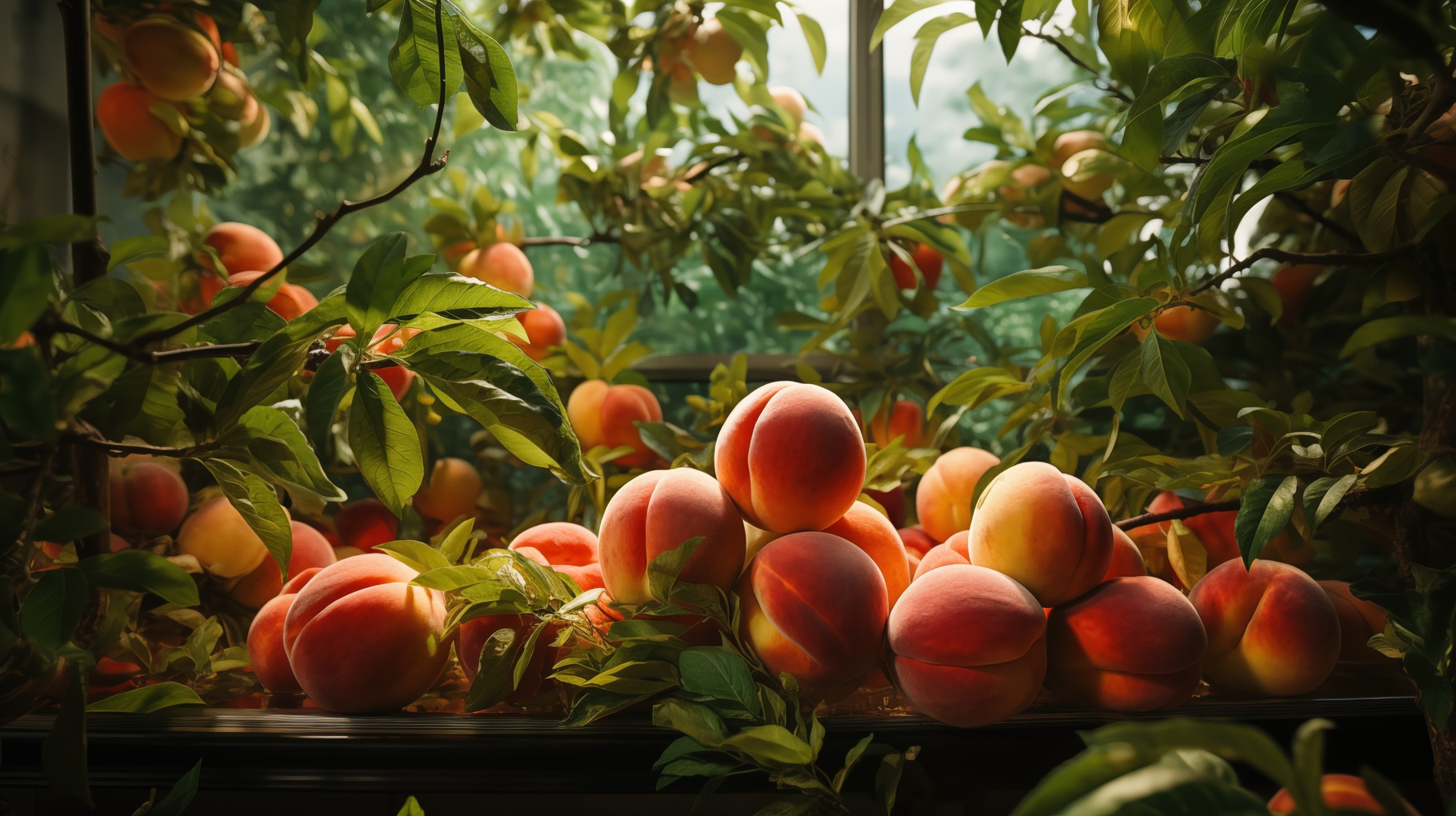 A lush display of ripe peaches nestled among green leaves, illuminated ...