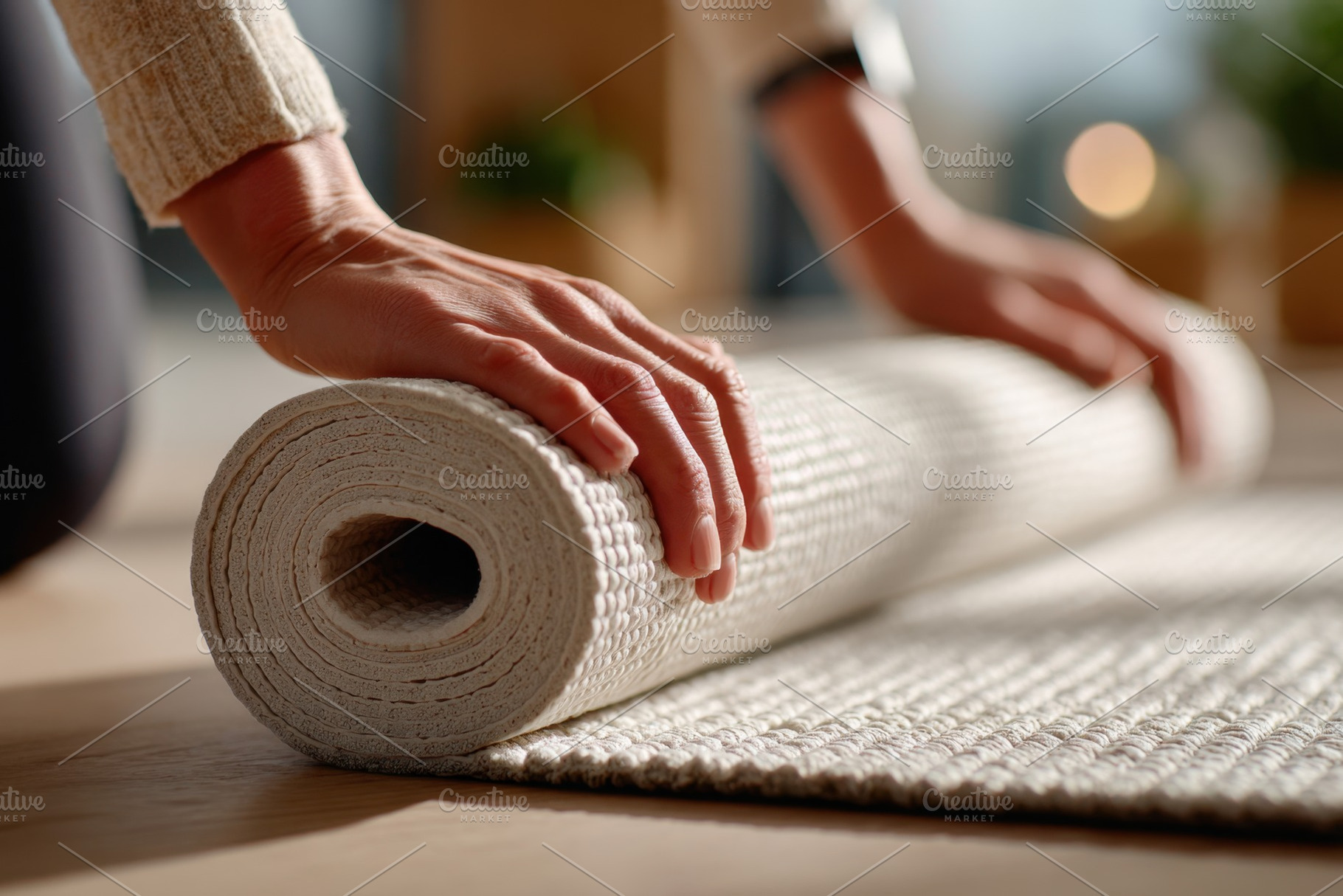 Person rolling up a yoga mat, a Sports & Recreation Photo by AlyaAnd