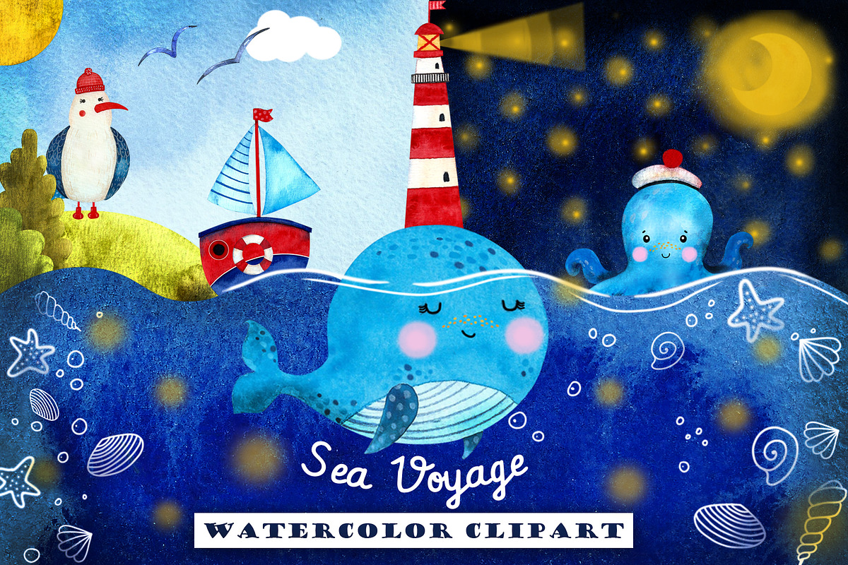 Watercolor clipart Sea Voyage, an Animal Illustration by Vikeriya (Photo 1 of 8)