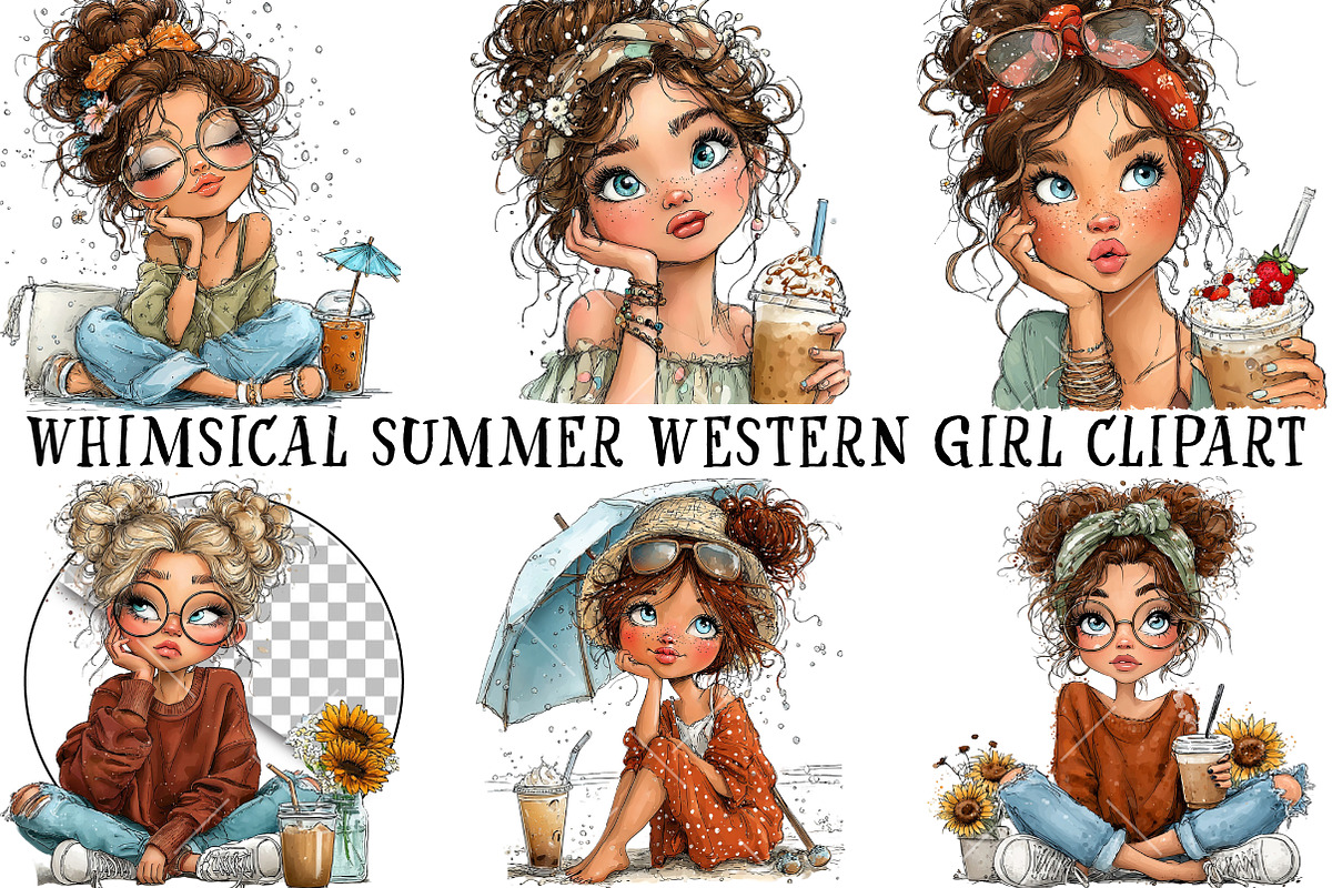 Whimsical Summer Coffee Girl Clipart, an Illustration by OK Design (Photo 2 of 6)