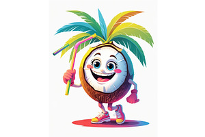 Cheerful coconut character with palm, an Illustration by tilialucida