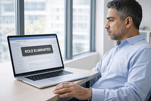 Upset man sits at desk, looking at l, a Photo by Dvoevnore photos