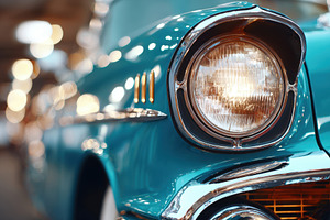 Vintage turquoise car headlight close-up, a Transportation Photo by AlyaAnd