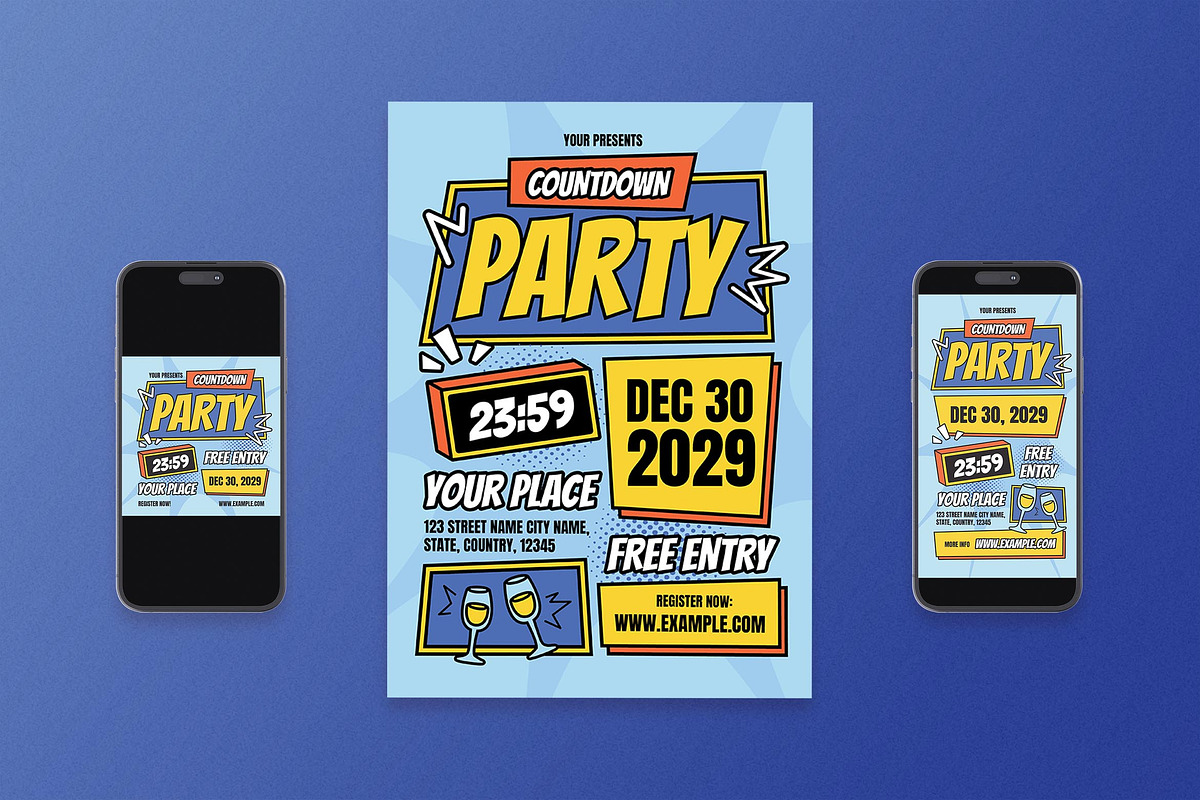 Blue Comic Countdown Party Flyer Set, a Flyer Template by Aiyari Graphic (Photo 1 of 3)