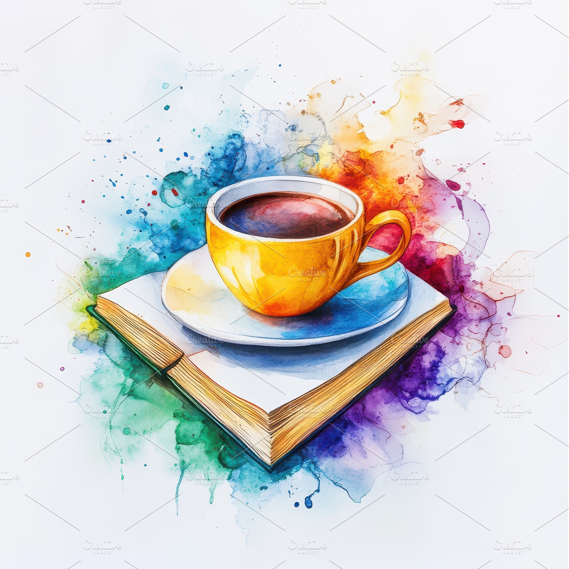 Yellow coffee cup on book colorful w, a Food & Drink Photo by Pixeness Studio