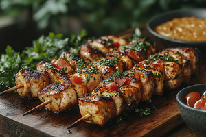 Grilled chicken skewers garnished wi, a Photo by Tanuart