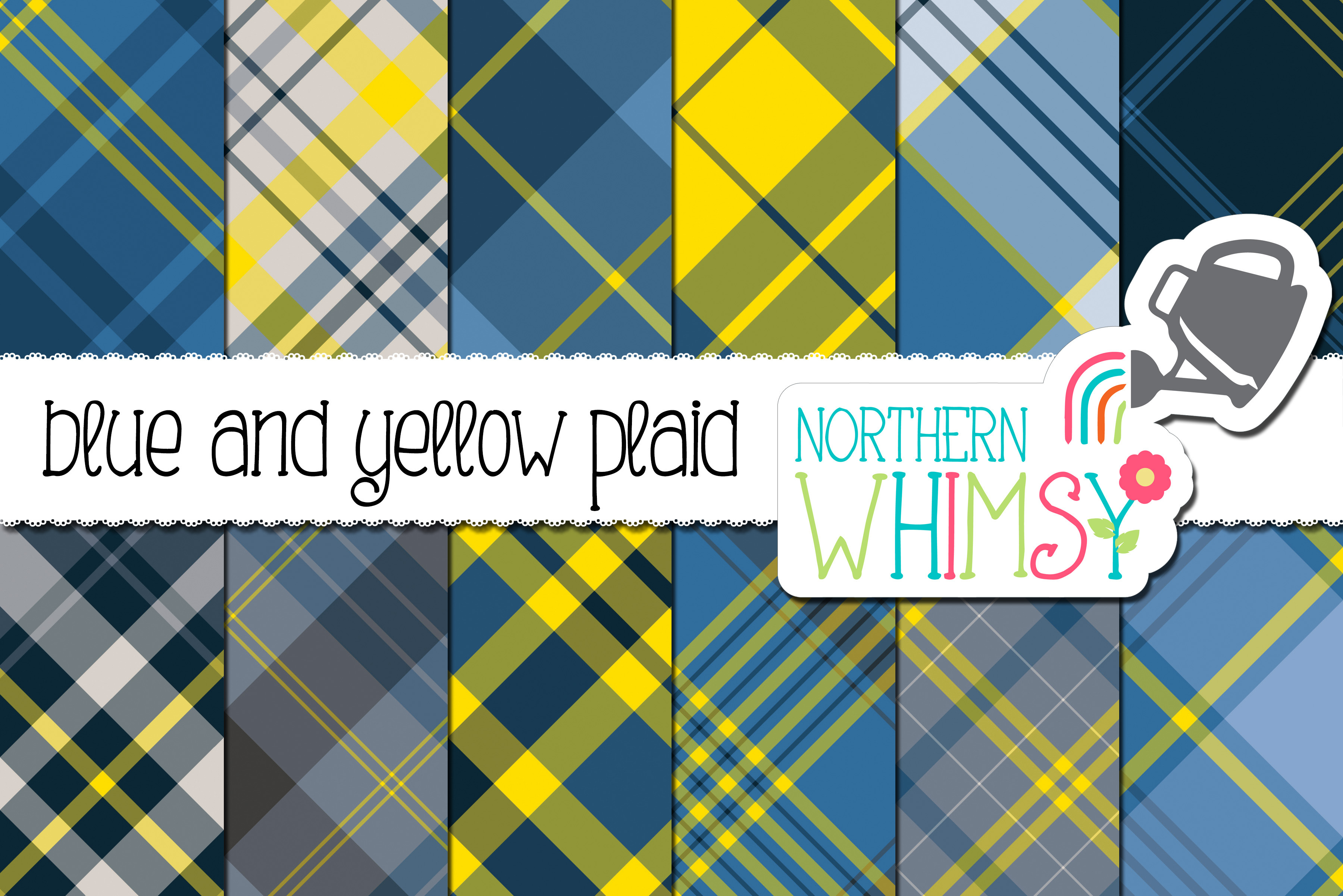 Blue & Yellow Diagonal Plaid, a Pattern Graphic by Northern Whimsy Design