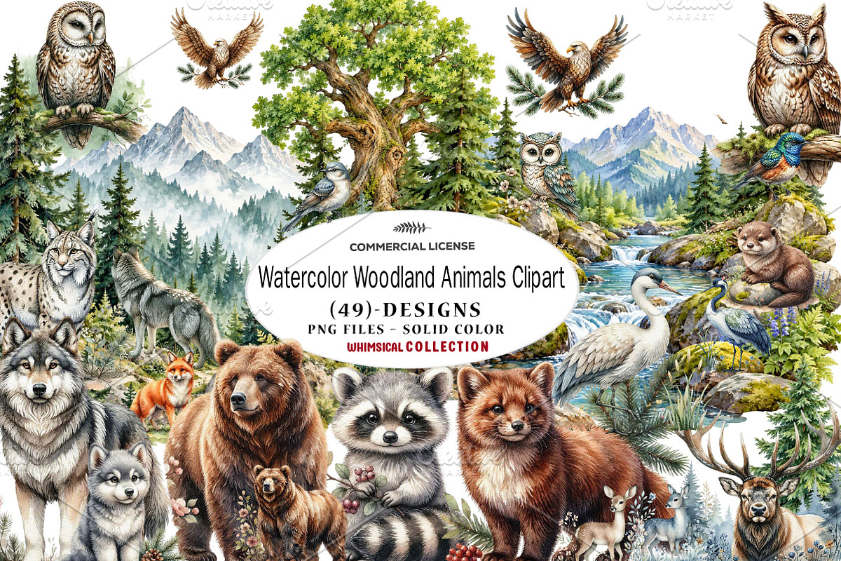 Watercolor Woodland Animals Clipart, a Seasonal Illustration by CreationArt (Photo 1 of 7)