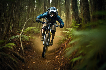 An action shot of a mountain biker speeding downhill on a rugged, a Sports & Recreation Photo by designvectx