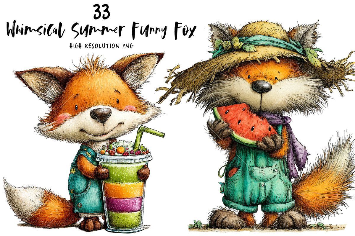 Whimsical Summer Funny Fox Clipart, an Illustration by OK Design (Photo 1 of 6)