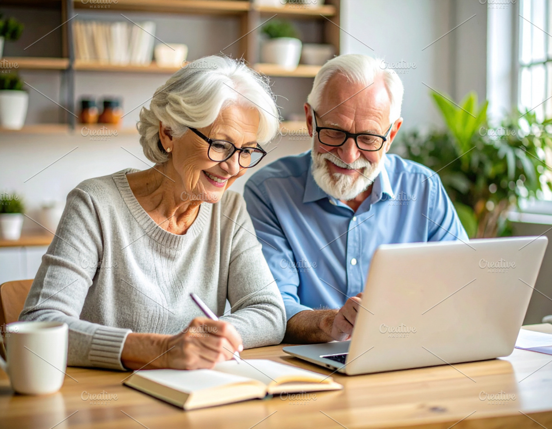 Elderly couple with books studying together in a library, a School & Education Photo by DanFLCreativo