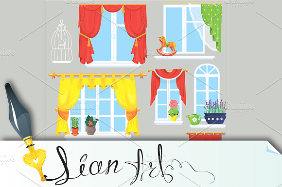 Set Of Windows Curtains And Flowers