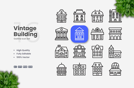 Vintage Building Outline Icons, an Outline Icon by Upnowgraphic