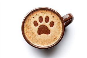 Cup of cappuccino with drawn cat paw on white background, flat lay, a Food & Drink Photo by AlyaAnd