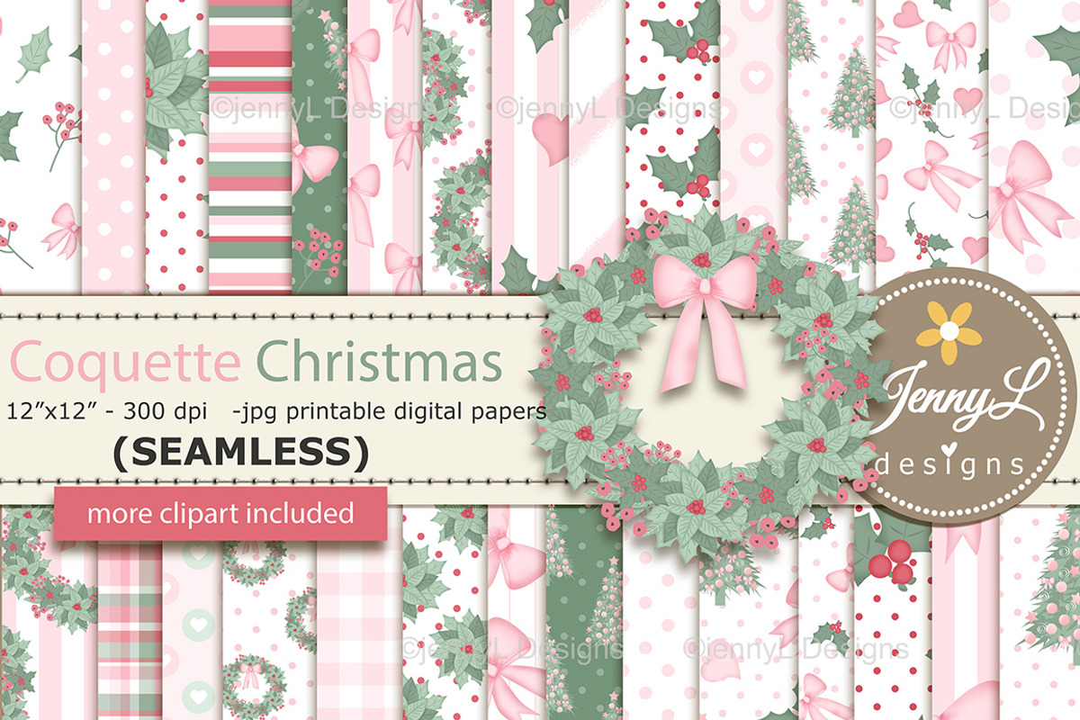 Coquette Christmas Digital Paper, a Pattern Graphic by JennyL Designs (Photo 1 of 8)
