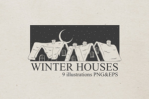 Winter houses. Line art.