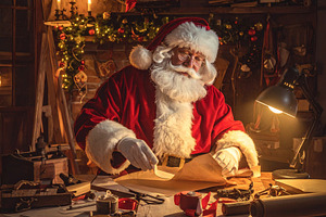 Santa Claus wrapping gifts at home, a Holiday Photo by DanFLCreativo