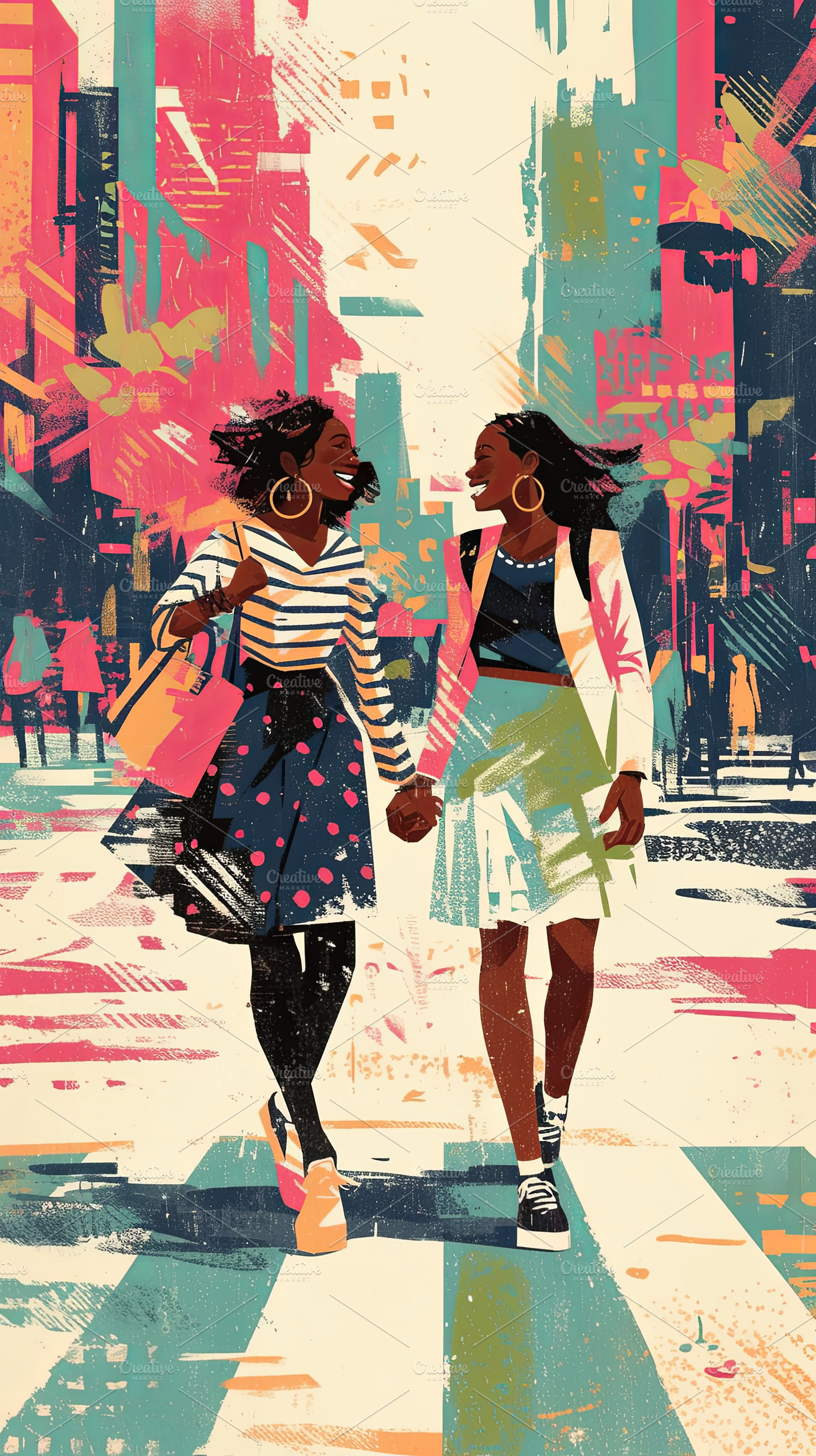 Two young friends enjoying a vibrant city walk with colorful surroundings, a Photo by AS photostudio