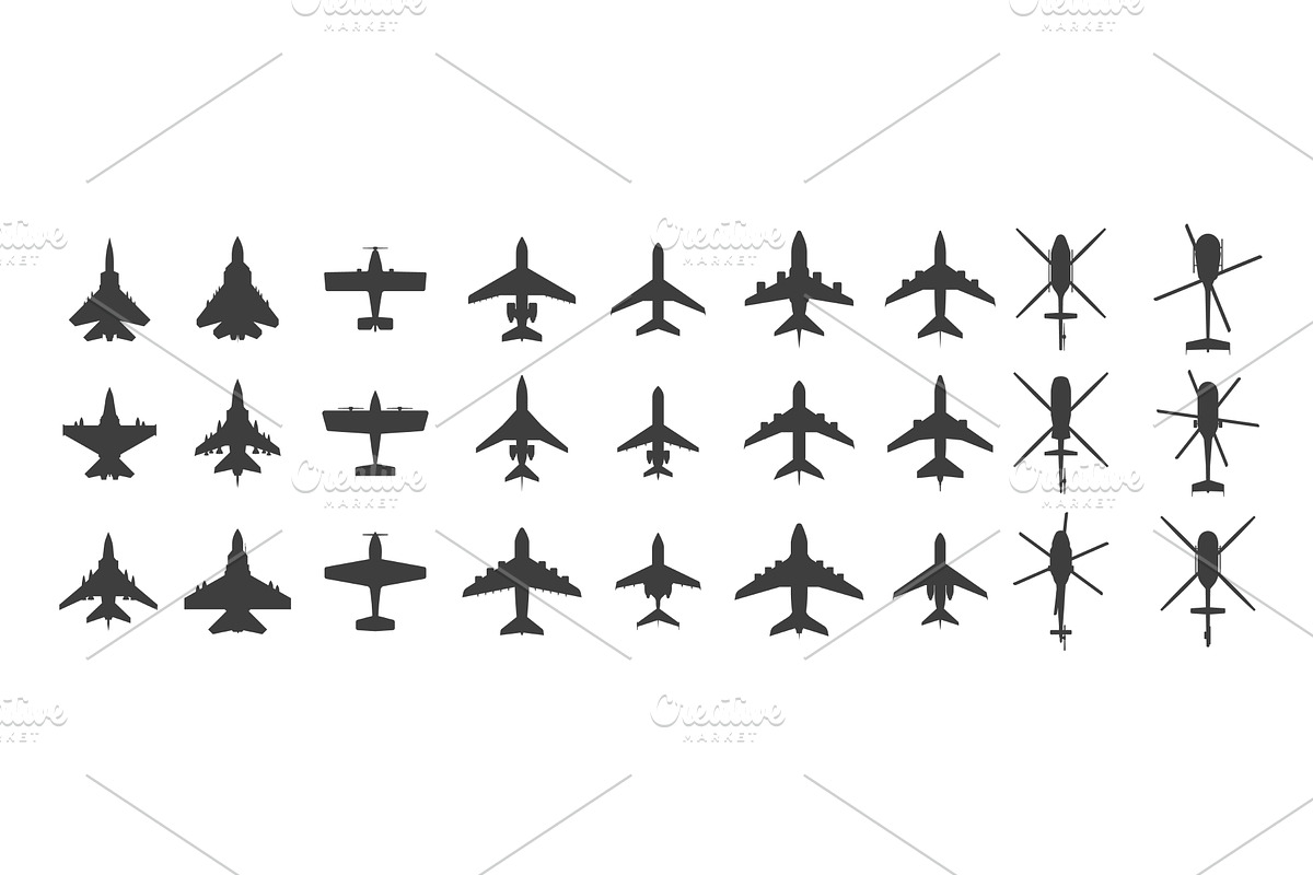 Black airplanes top view. Military, a Transportation Illustration by Frogella