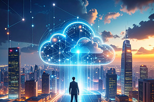 Human looking a big AI-driven cloud computing in the sky at futu, a Technology Illustration by DanFLCreativo