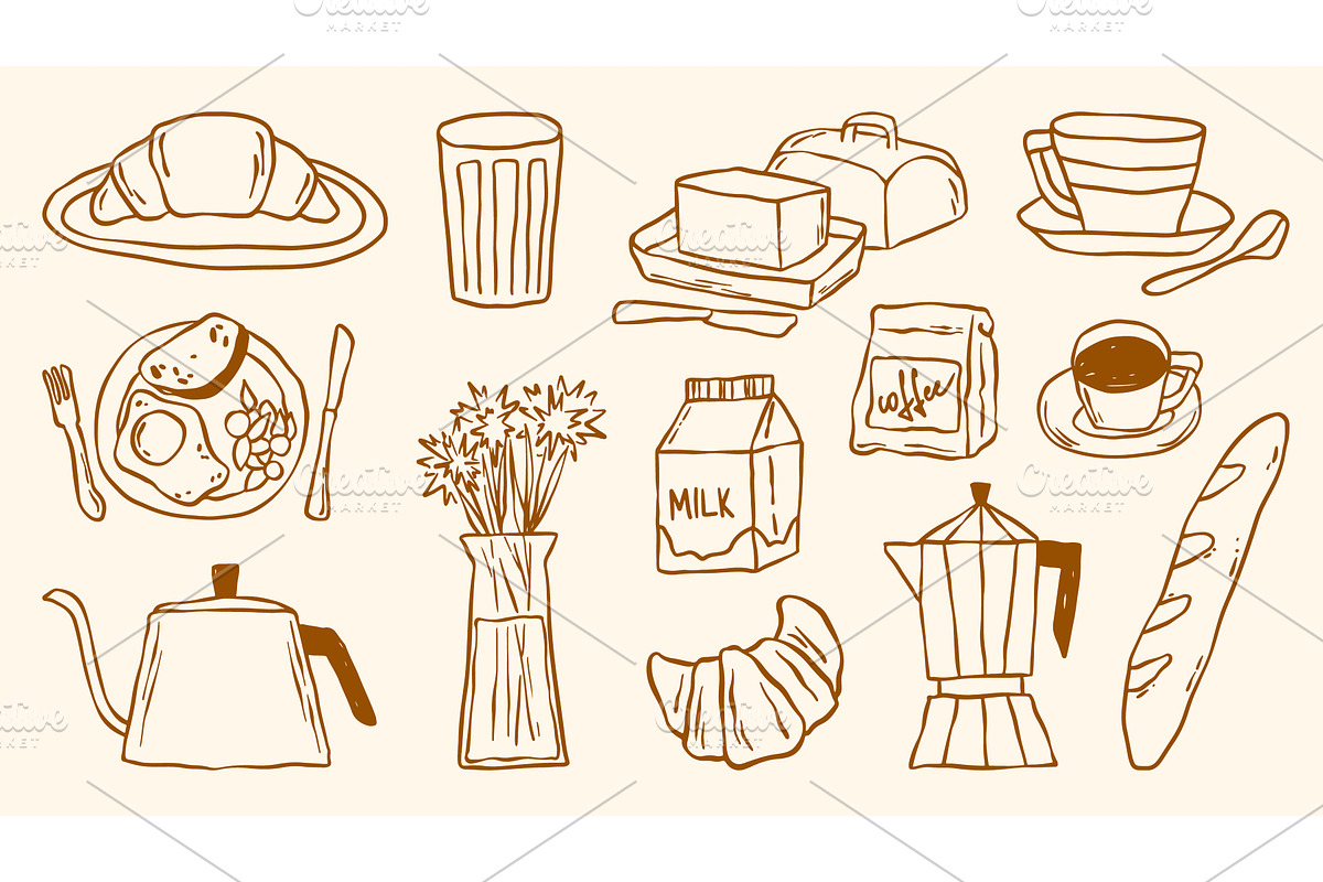 Coffee breakfast doodle set with, a Food Illustration by art PVP - market