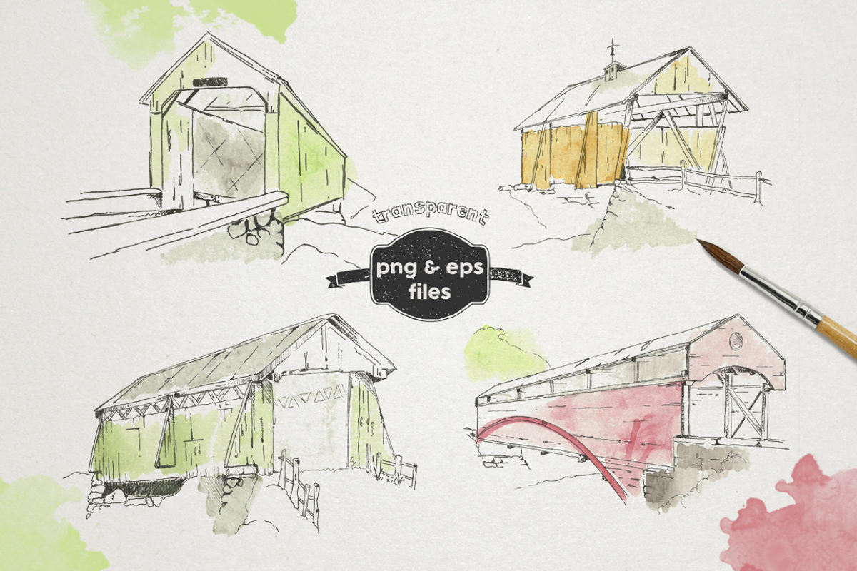 Rustic Watercolor Covered Bridges, an Illustration by UnVeil Co. (Photo 2 of 2)