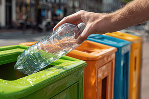Man recycling plastic bottle in gree, a Photo by Pixeness Studio