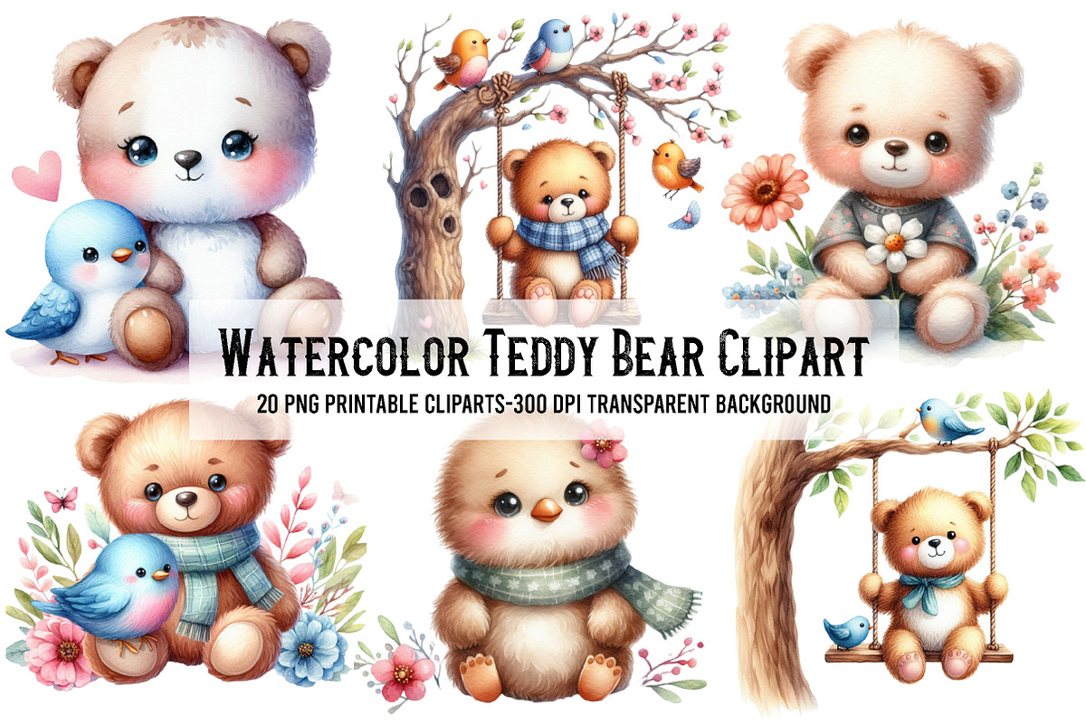 Watercolor Teddy Bear Clipart, an Illustration by Libby Wishes (Photo 1 of 5)