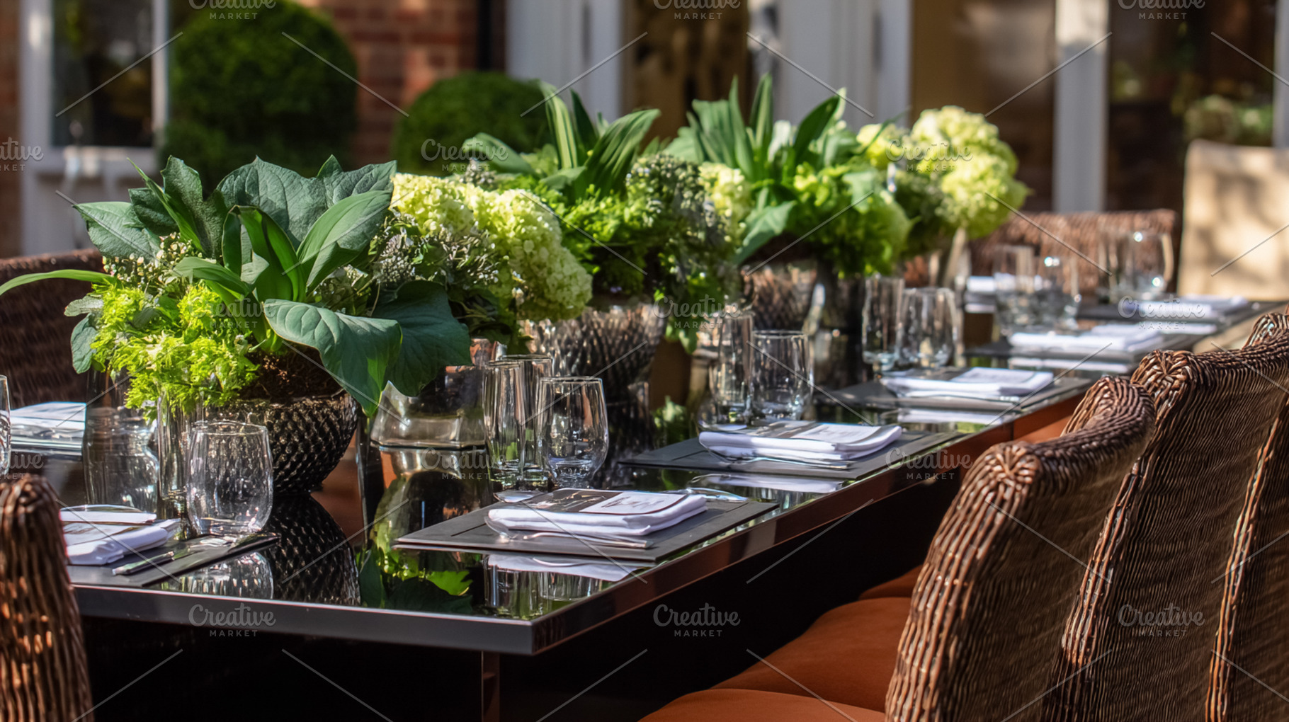 Elegant outdoor dining table set with fresh green floral centerp, a Photo by Studio ANNA