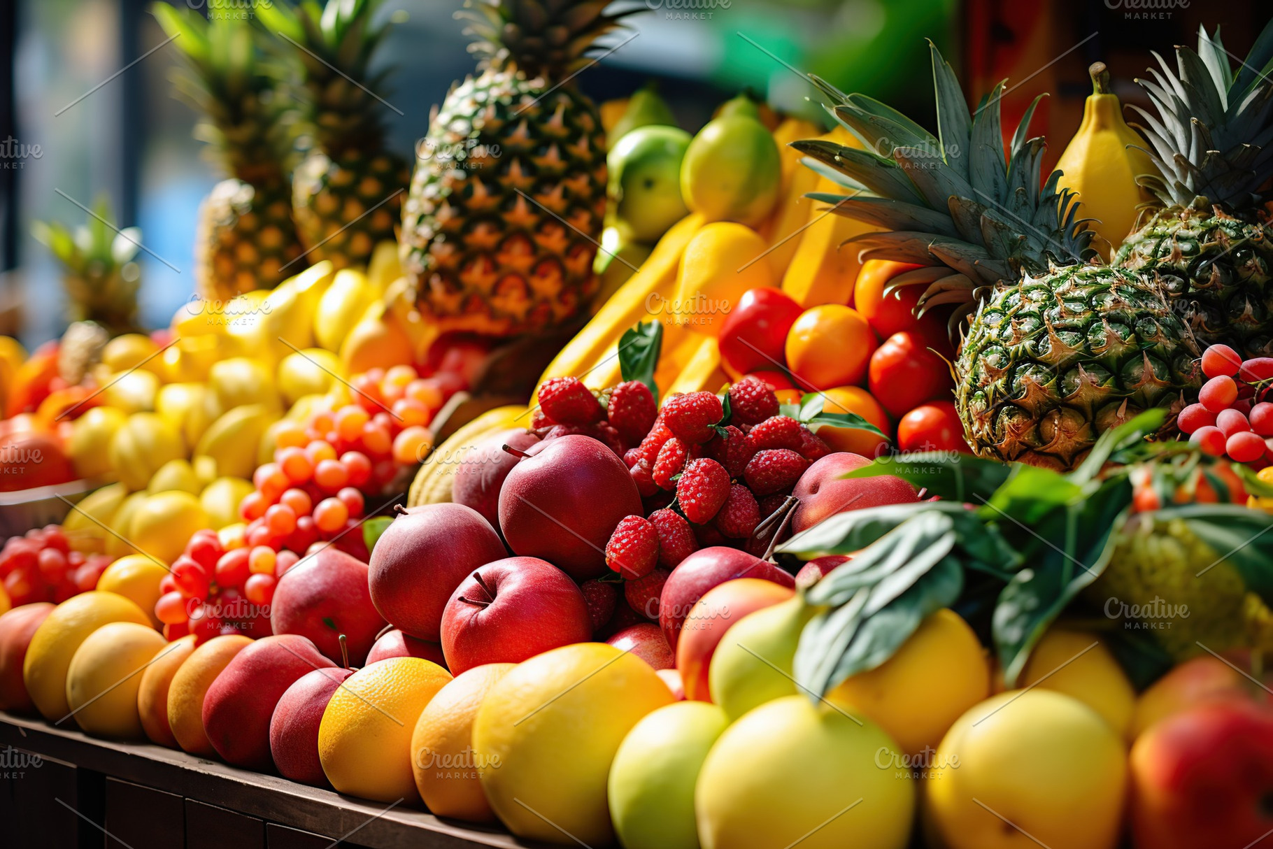 Assortment of ripe fruits on the market counter, a Food & Drink Photo by AlyaAnd