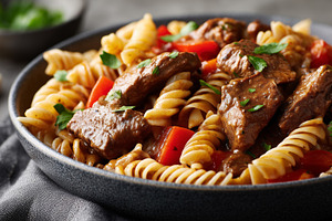 Fusilli pasta with tender beef chunk, a Food & Drink Photo by MistyDay