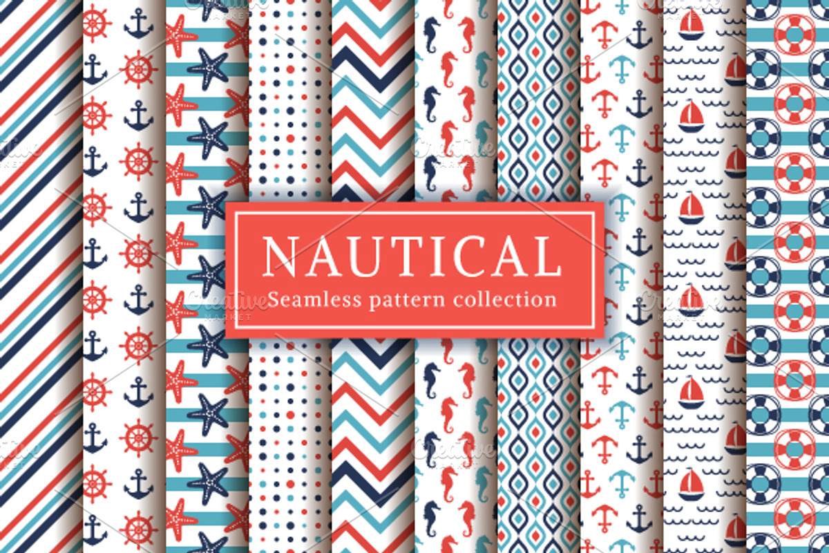 Nautical and sea seamless patterns, a Pattern Graphic by JuliaMalinovskaya (Photo 1 of 3)
