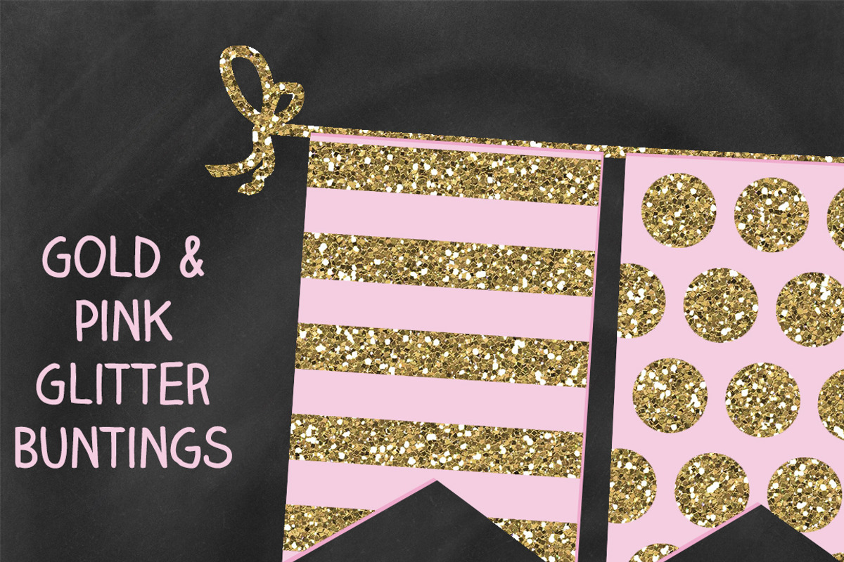 Pink and Gold Glitter Bunting Banner, an Object Graphic by Paper Element