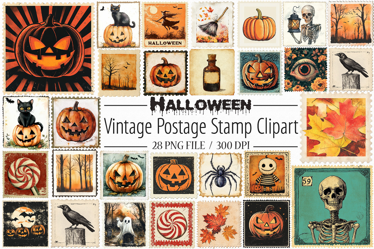 Vintage Halloween Postage Stamp Clip, an Illustration by Libby Wishes (Photo 1 of 7)