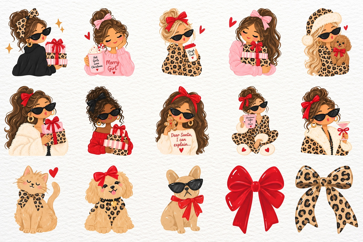 Girly Christmas Clipart Leopard Bow, a Seasonal Illustration by SugarCloudStudioArt (Photo 3 of 6)