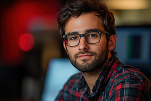 A young IT Evangelist man with glasses and a beard, wearing a plaid shirt, pose, a Person Photo by Textures & Backgrounds