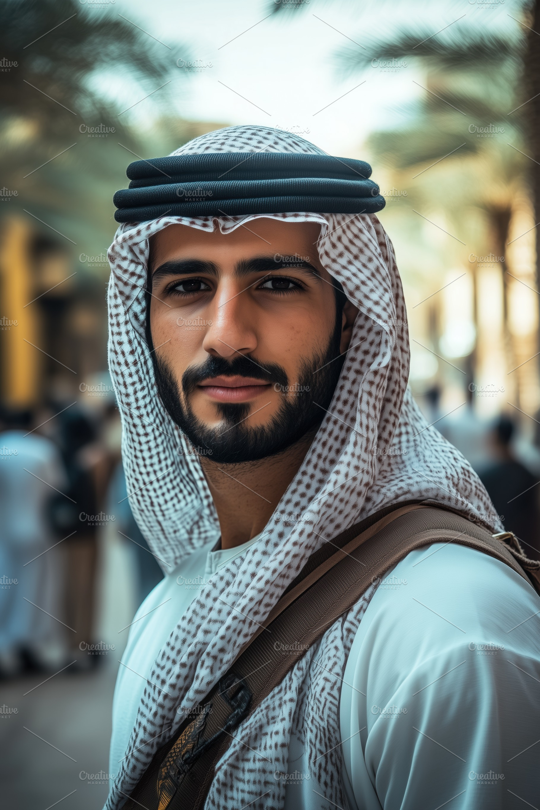 A young arabic man in traditional Emirati attire, wearing a white kandura and a, a Person Photo by Textures & Backgrounds