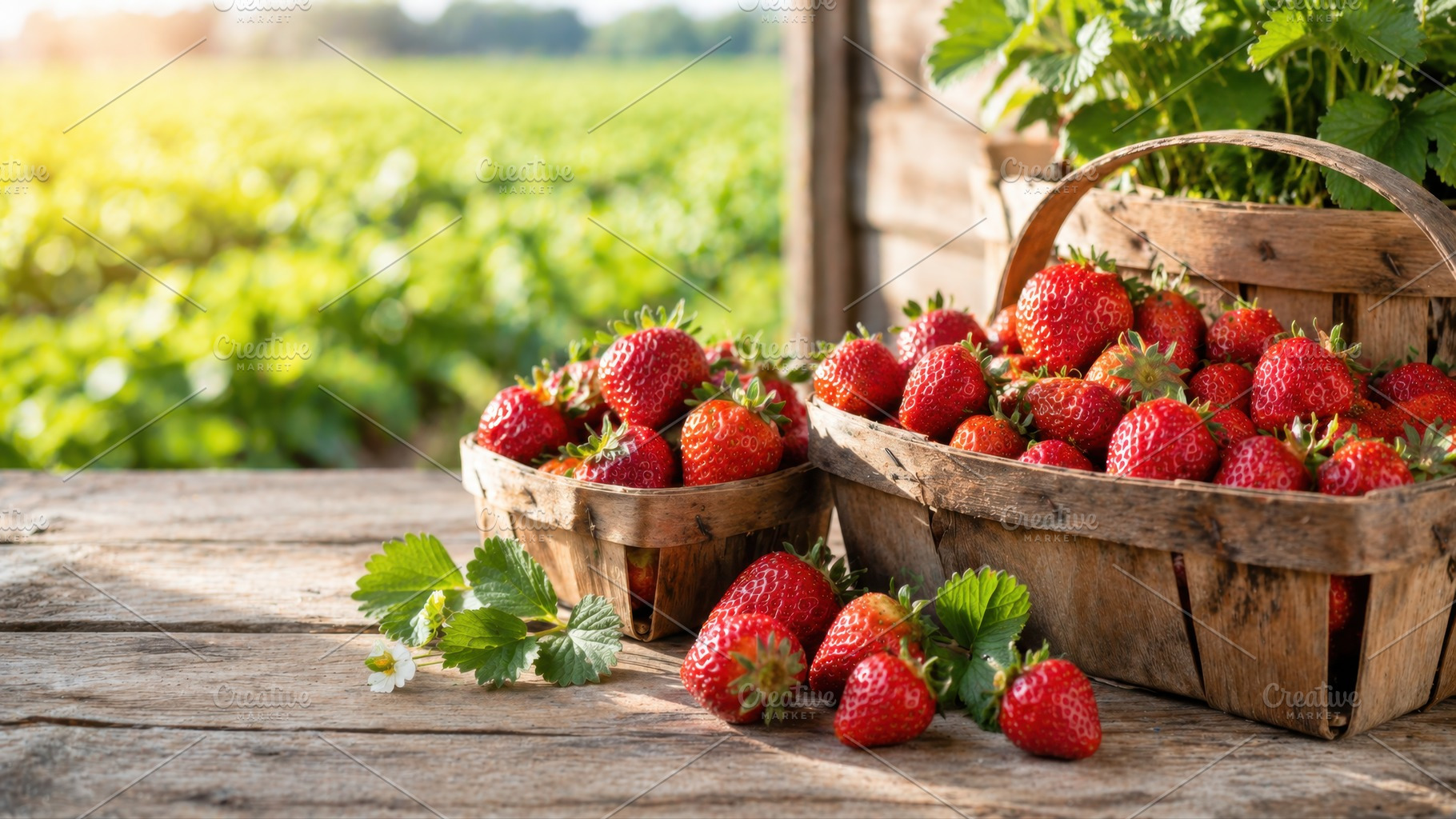 Fresh strawberries in wooden baskets, a Photo by Beautiful things