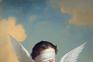 Renaissance angel child with blindfold floating at sky, a Person Illustration by DanFLCreativo