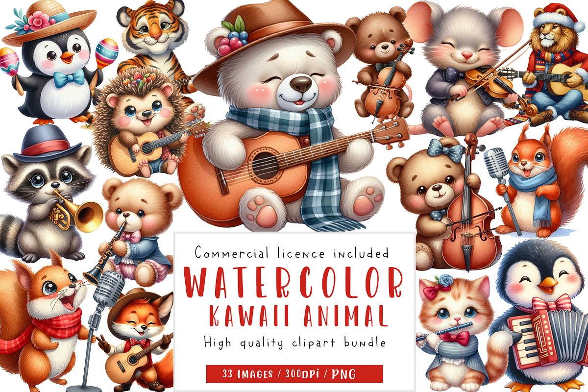Kawaii Musical Animal Clipart Bundle, an Illustration by CreationArt (Photo 1 of 5)
