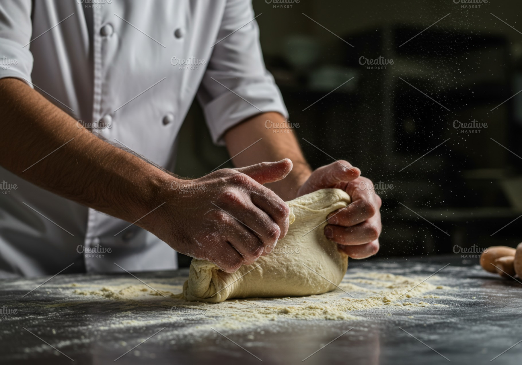 Baker kneading fresh dough, a Food & Drink Photo by professorinc