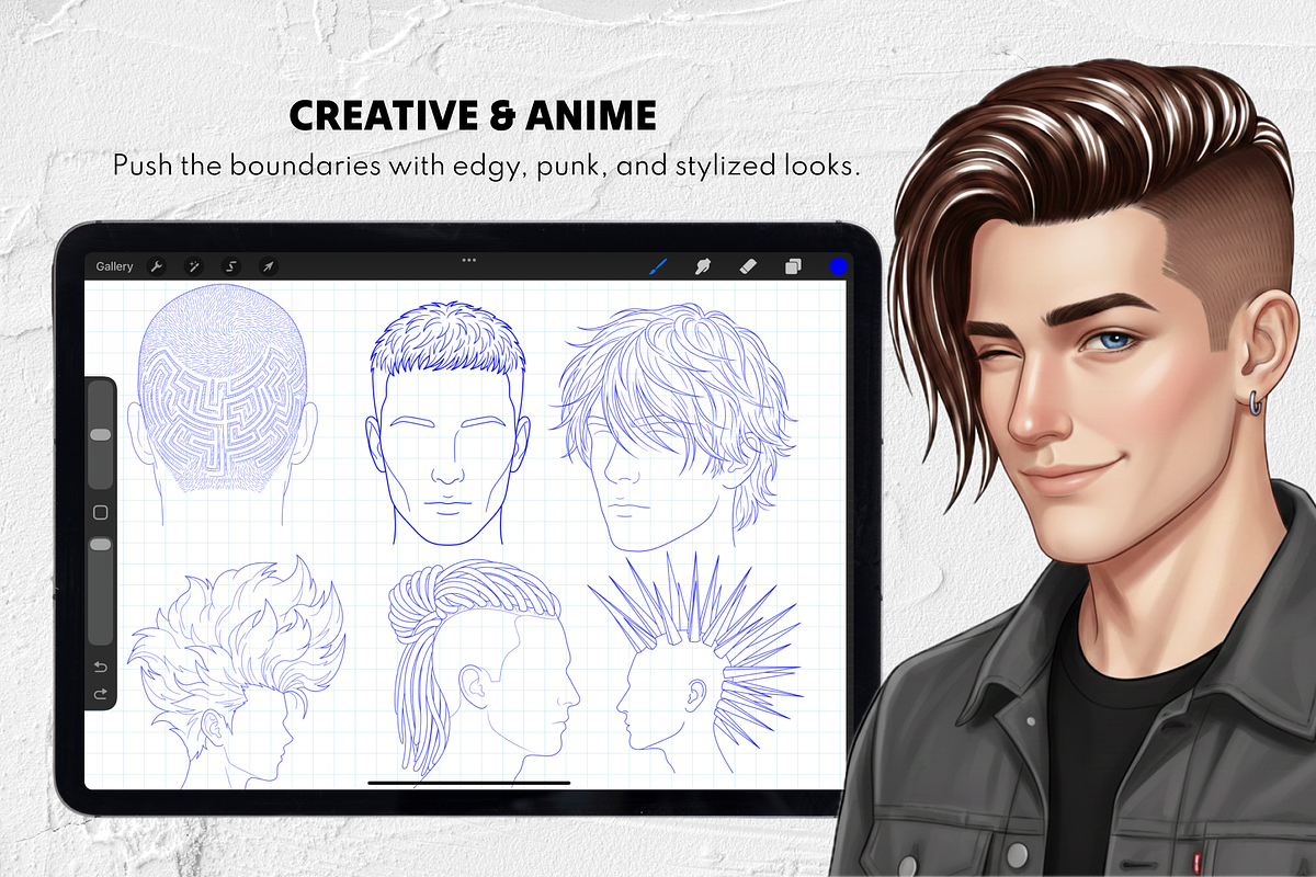 250 Male Hairstyles Procreate Stamps, a Brush Add-On by Selentaori Studio (Photo 10 of 13)