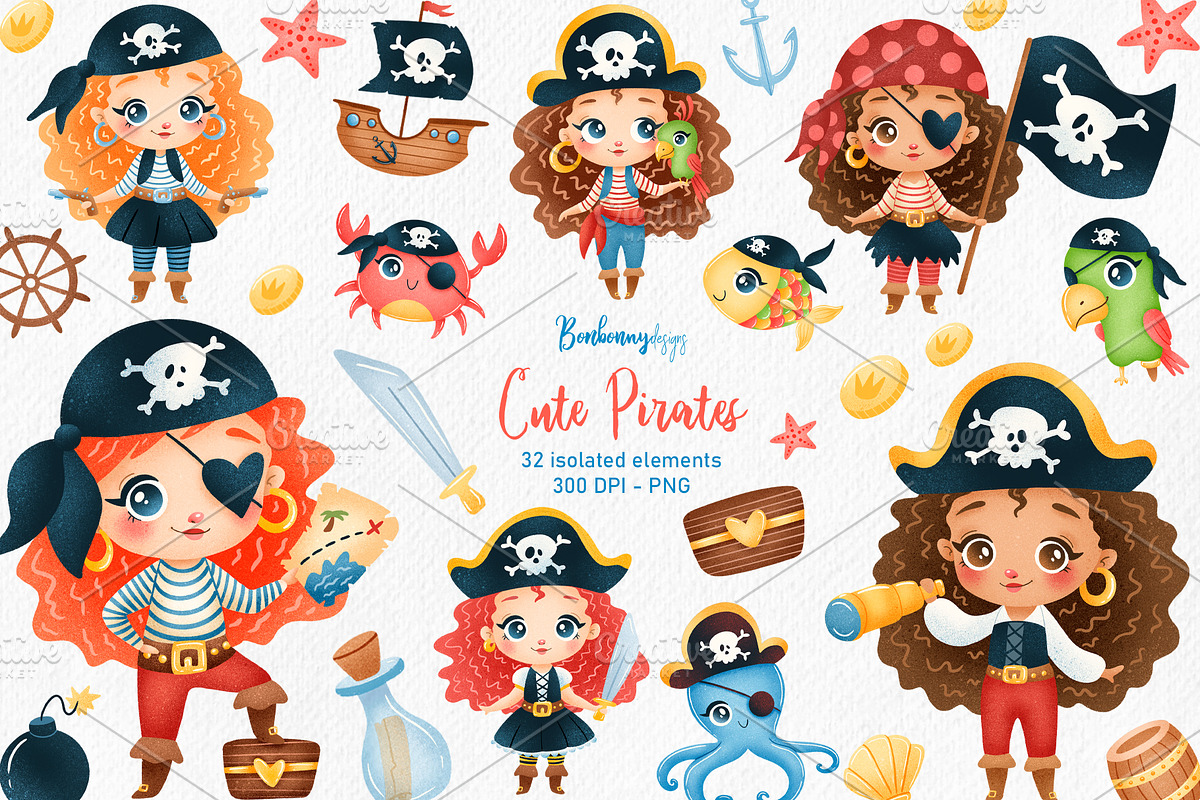 Cute Cartoon Pirates Girls Clipart, an Animal Illustration by ...